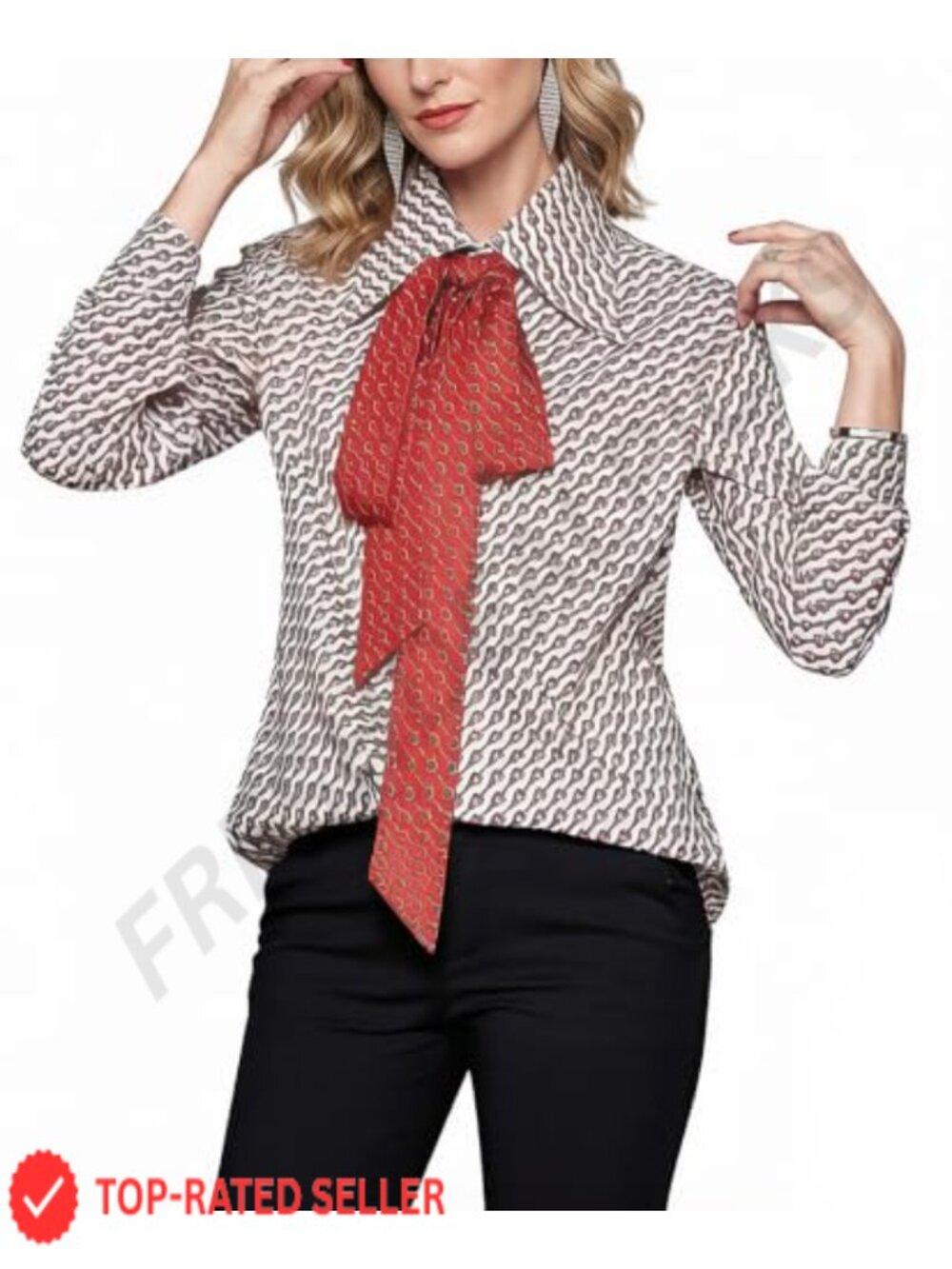 Womens Tie V-Neck Long Sleeve Elegant Blouse Loose Fit Ruffle Work Top